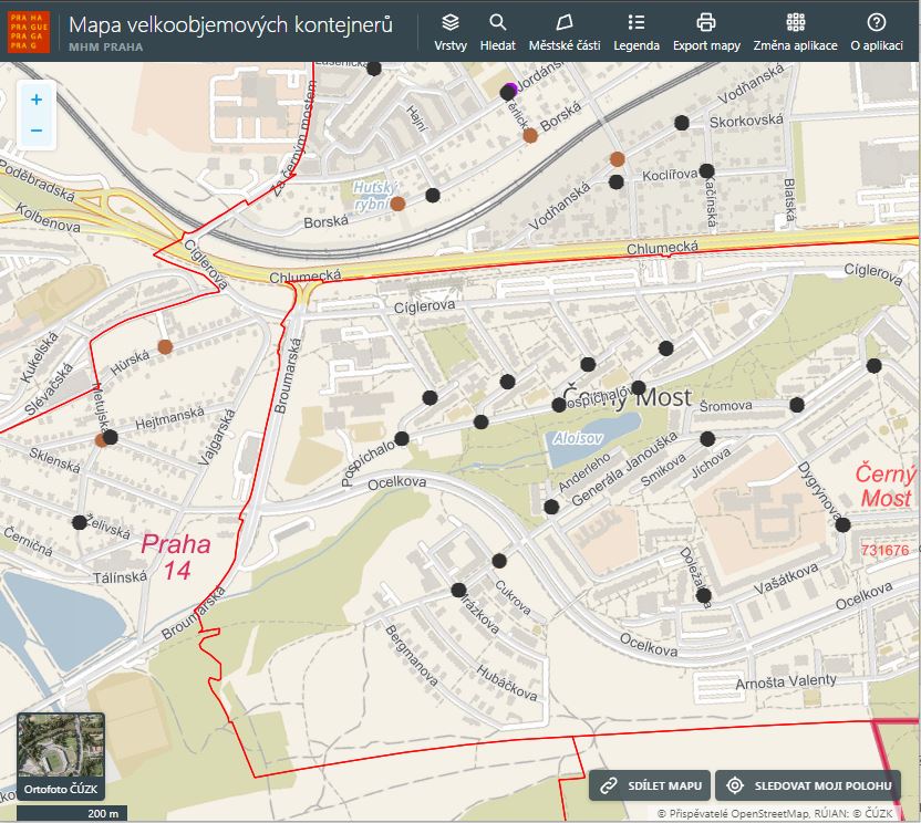 Webová aplikace - Mapa velkoobjemových kontejnerů (AUTORSKÁ PRÁVA RÚIAN: © Český úřad zeměměřický a katastrální © Přispěvatelé OpenStreetMap © T-MAPY spol. s r.o., info@tmapy.cz)
